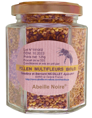 Pollende Fleurs (bio), un concentré de vitamines Pollen conservé déshydraté dans des pots en verre. Le Pollen bio est récolté sur de vastes étendues protégées